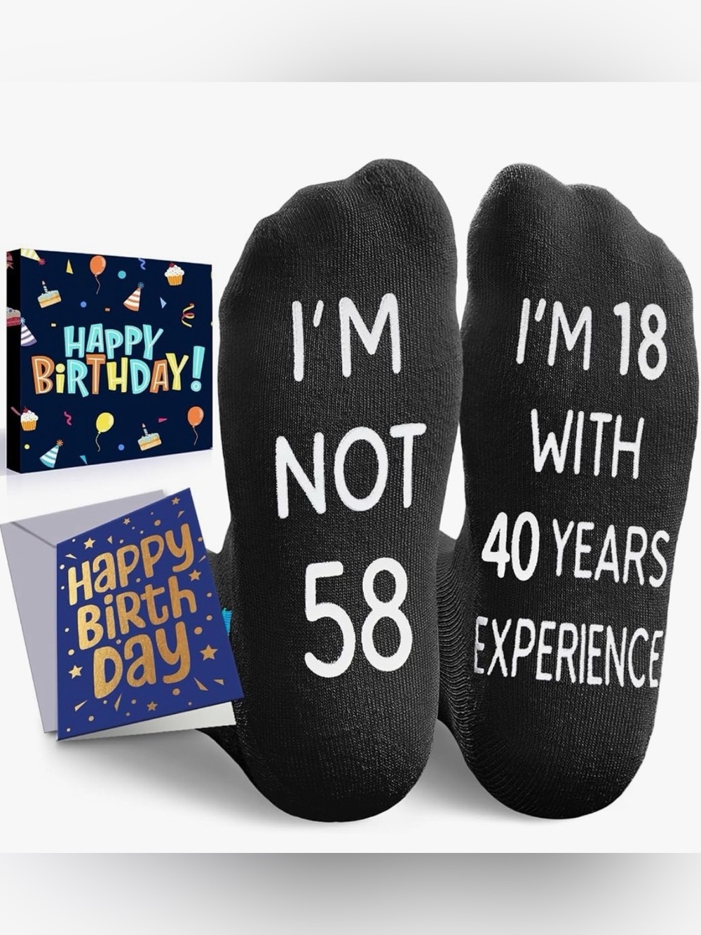 Funny 58th Birthday Socks Gift Set “I’m Not 58, I’m 18 With 40 Years Experience